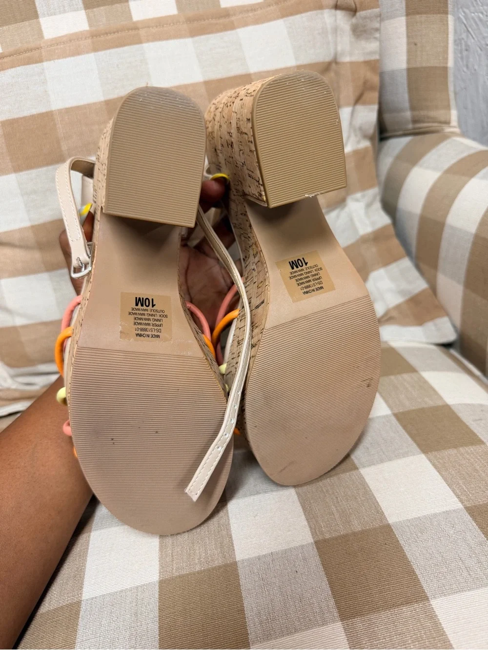 Soda Beige Cork Platform Wedges with Orange, Pink & Yellow Knot Straps